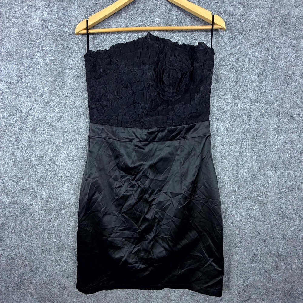 Karimadon Strapless Mini Dress Women Medium Black Ruffled Rosette LBD Cocktail